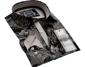 Camicia da uomo geometrica nera camicie Casual camicie con motivo stampato manica lunga 100% cotone manica intera lunghezza lino Oxford
