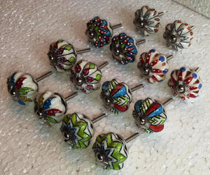 Poignée de porte en céramique peinte à la main, style indien, en relief, design mixte multicolore, en forme de citrouille, adaptée, nouvelle collection - Product Image 3