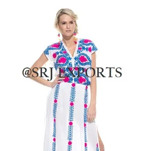 Classic Summer Occasional Embroidery Side Split Super short sleeve Sweet Pom Pom Trim Maxi Dress For Beach & Resort Wear