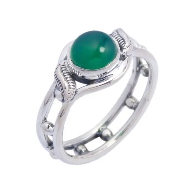 100% Natuurlijke Ronde Groene Onyx 925 Groothandel Edelsteen Sterling Zilveren Handgemaakte Ring Sieraden Verlovingsringen