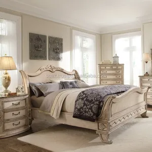 Juegos de cama de madera de Color blanco camas de lujo de tamaño King real, camas modernas de madera de cuero, camas de tamaño Extra grandes súper King