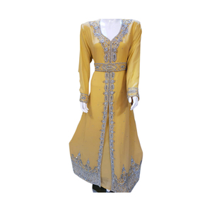 Caftán Estilo Dubái para Fiesta, Vestido Caftán Marroquí Color Amarillo con Cinturón Ajustable, Jalabiya Musulmana, Abaya, Caftán con Cuentas - Product Image 1