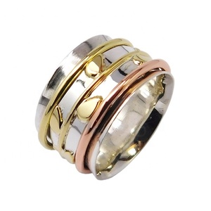 High Quality Fine Jewelry Engraved 925 <b>Sterling</b> <b>Silver</b> Three Tone <b>Spinner</b> <b>Rings</b> Solid Handmade Jewelry Eternity Vermeil <b>Ring</b> - Product Image 1