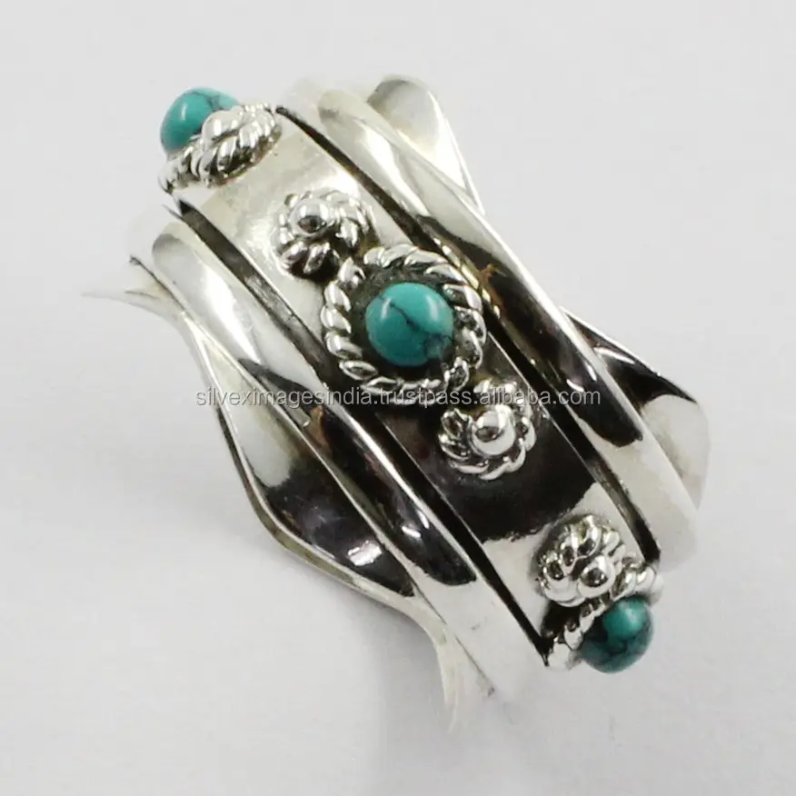 Beautiful Turquoise Stone 925 Sterling Silver Meditation Spinner Ring Jewellery Wholesaler India
