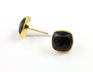 925 sterling silver <b>black</b> onyx gemstone gold vermeil handmade <b>stud</b> <b>earrings</b> - Product Image 1