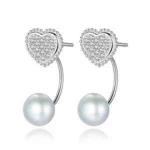 CZCITY Tiny CZ Paved 925 Sterling Silver Heart Earrings Wholesale White Gold Pearl Earring for Women