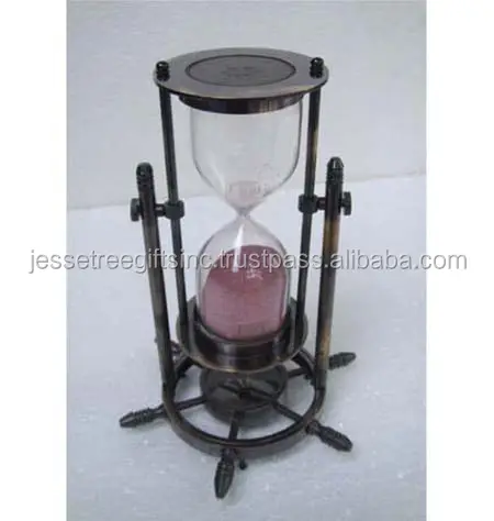 Metal & Glass Sand Timer With Antique Copper Plating Finishing Round Shape Wheel Design Base For Measuring The Time