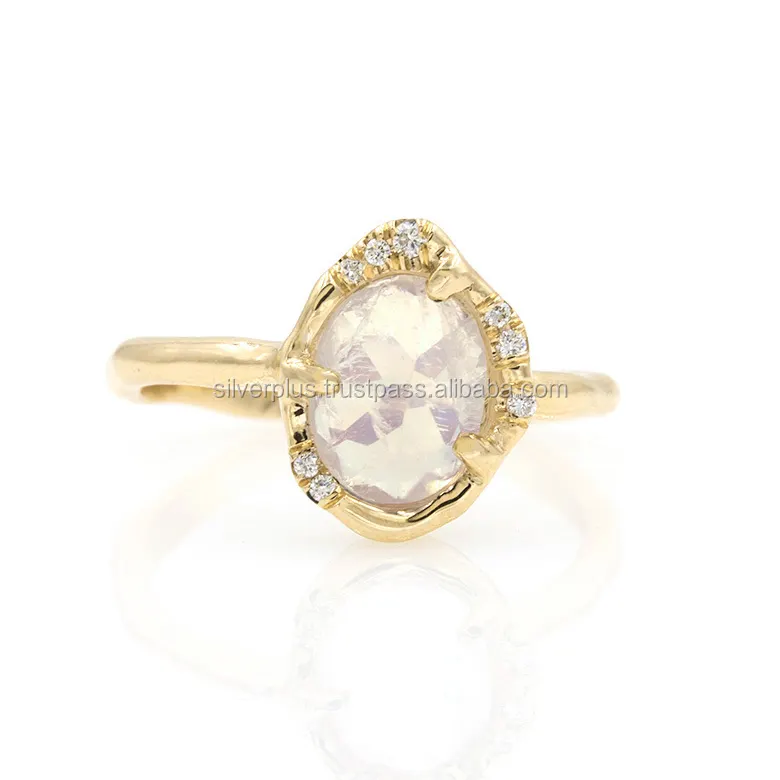 Natural Diamonds Moonstone Ring Solid 14K Yellow Gold Fine Jewelry !! Size 3 to 9