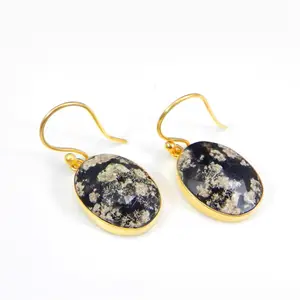 Natural Fireworks Obsidian Gemstone Brass Gold Plated Drop Statement Earring