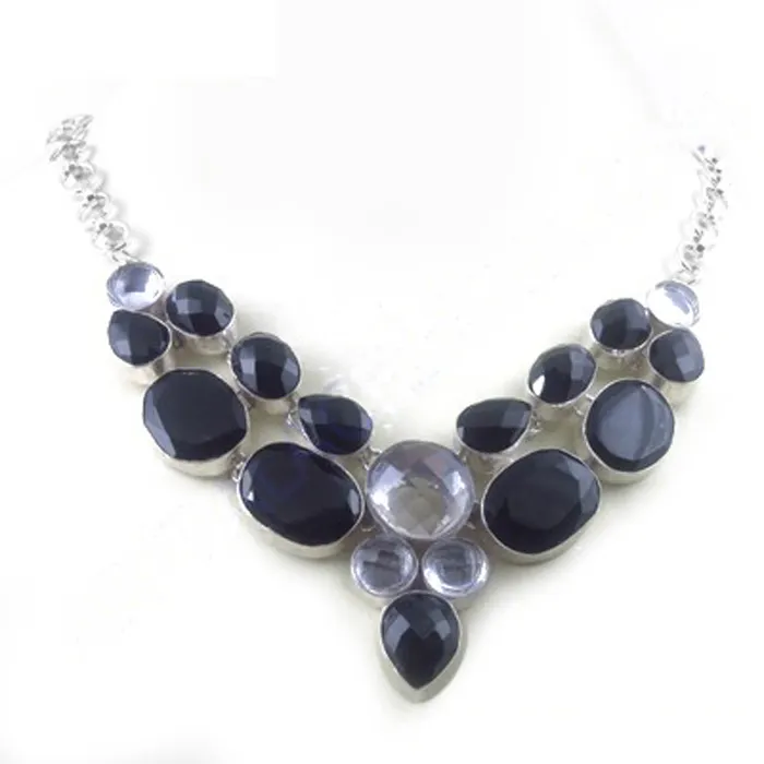 Black Onyx & Crystal Gemstone 925 Silver Necklace
