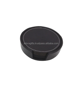 Real Leather <b>Black</b> <b>coaster</b> Set with Holder - Product Image 1