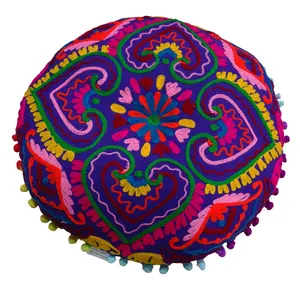 Made in india 100% cotton Handmade Aari Multicolored embroidery round boho cushion floor yoga meditation seat cushion