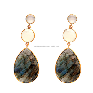 Boucles d'oreilles en argent Sterling 925, Labradorite naturelle et calcédoine blanche, pierres précieuses, or rose - Product Image 1