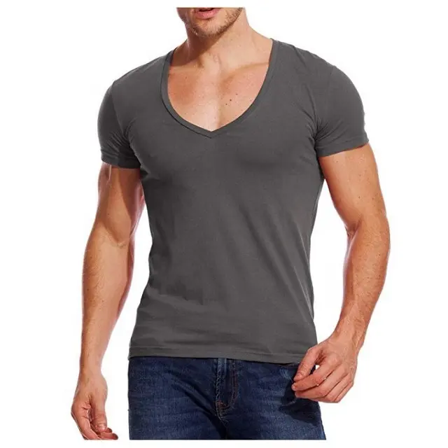 New Whole-Sale Stretch T Shirt for Men Deep V Neck Tee Muscle Slim Fit Low Cut Male Top In Bulk Order