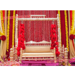 Wedding Sankheda Swing/Jhula Royal Wedding Stage Swing with Crown Latest Wooden Carved White Pearl Jhula Wholesale Gold <b>Decor</b> - Product Image 1