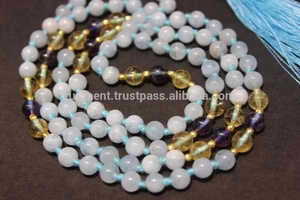 สร้อยมาลาแบบยาว 108 เม็ด ทำจากอควอมารีนขัดเงาขนาด 6 มม. สไตล์โบฮีเมียน พร้อมคริสตัลธรรมชาติบำบัดรักษา - Product Image 4