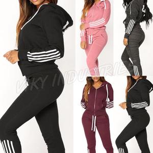 Moda mujer Casual rayas cremallera manga larga chándal logotipo personalizado pantalones largos conjunto Casual dos piezas mujeres trajes chándal - Product Image 6