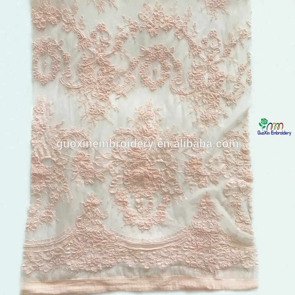 Pink French vintage fabric embroidery lace wedding dress gauze clothing decoration materials
