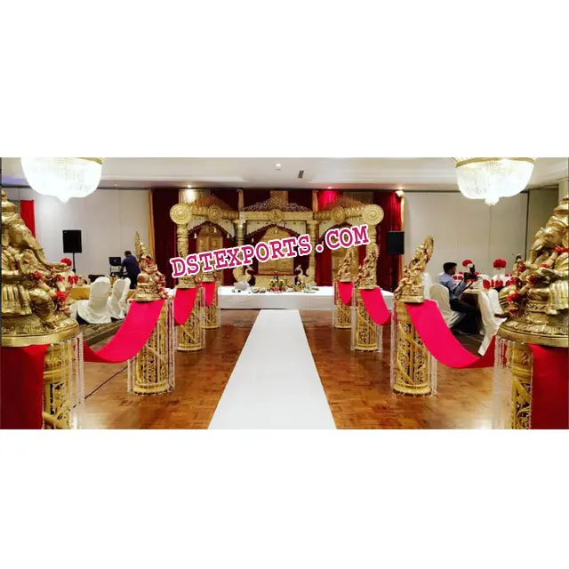Hochzeits empfang Gehweg Säulen mit Ganesha, Ehe Empfang Gehweg Dekoration, Goldene Gehweg Säulen mit Ganesha