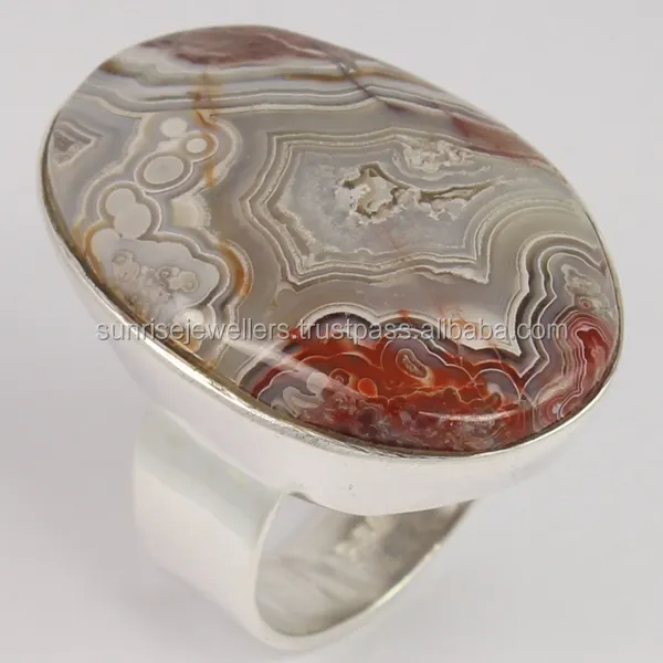 Ovale Vorm 925 Sterling Zilver Natuurlijke Crazy Lace Agaat Edelsteen Ring, Groothandel Edelsteen Ringen, Handgemaakte Zilveren Sieraden