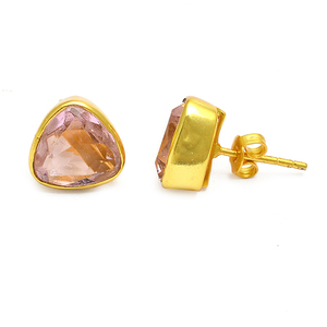 925 <b>Sterling</b> <b>Silver</b> Pink Quartz Gemstone Triangle Shape Gold Plated Push Lock <b>Stud</b> <b>Earrings</b> Fashionable <b>Earring</b> For Women. - Product Image 2