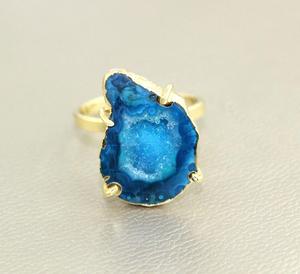 Bague ajustable en laiton plaqué or 24k, diode bleu ciel, druse, prong, ensemble de bijoux pour femmes, vente en gros indien - Product Image 1