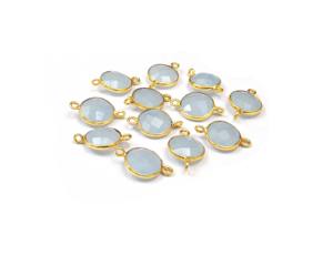 Blue Chalcedony Gemstone <b>Findings</b> Round Shape Gold Plated <b>Jewelry</b> Making Double Bail Faceted Handmade Bezel Connector - Product Image 1