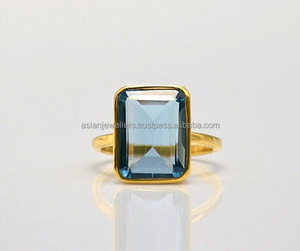 Anillo de Plata de Ley 925 con piedras preciosas de cuarzo, Topacio Azul, hecho a mano, joyería chapada en oro - Product Image 1