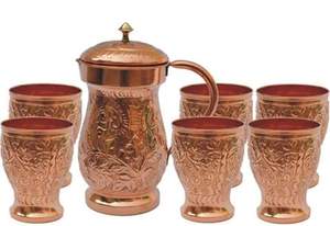 Jarra de jarra de cobre con acabado martillado de diseño antiguo de calidad superior con 4 vasos de cobre para uso en el hogar, Bar, Hotel - Product Image 6