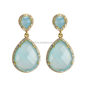 Aqua Chalcedony Pave CZ Pendientes de gota de lágrima para bodas Fiestas o regalos - Product Image 1