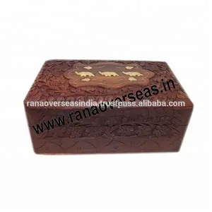 Traditional Hand Carved Wooden Jewellery Storage Organizer With Elephant & Leaf Brass Inlay