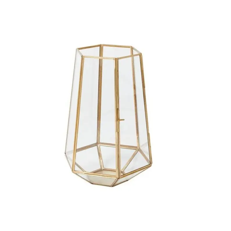 Metal & Glass Tealight Holder Lantern Style With Golden Finishing Hexagonal Shape Plain Design Good Quality For Home Decoration