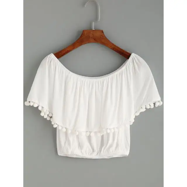 high quality off shoulder crop tops with pom pom lace women's plus size wear casual tunic tops