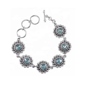 Stylish 925 Sterling <b>Silver</b> <b>Charm</b> <b>Bracelet</b> with Blue Topaz Gemstone Gold Plated Jewelry <b>for</b> Gift - Product Image 1