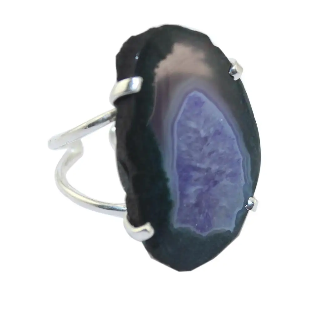 Natural blue slice agate ring long oval prong setting ring double band designer adjustable ring