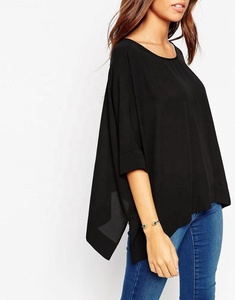 Women's 100% Polyester <b>T</b>-<b>Shirt</b> Smooth Oversize Fit Scoop Neckline Asymmetric Split Hem <b>Longer</b> <b>Length</b> Embroidery Plus Size - Product Image 3