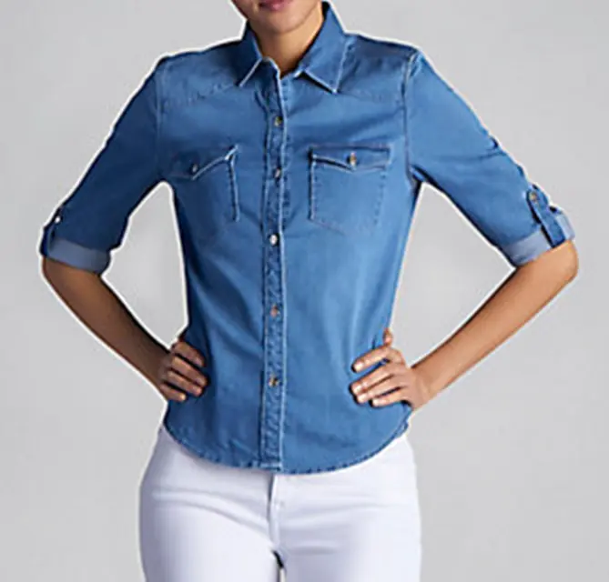 أفضل نوعية جديدة تصميم الحصري السيدات قميص قطني بكم طويل من المألوف قمصان دنيم
