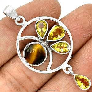 925 Sterling Silver Handmade Ethnic Style <b>Pendant</b> Elegant <b>Citrine</b> Tiger Eye Bezel Setting OEM ODM Fine <b>Pendants</b> Charms Wholesale - Product Image 1