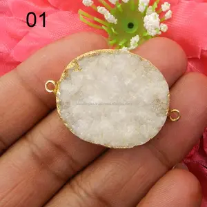 Latest Findings !! Natural White Druzy Gemstone Gold Electroplated,Handmade Wholesale Double Loop Connector For Jewelry SICN0591