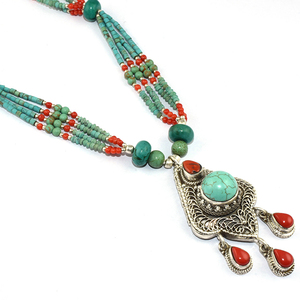 สวย Pear_Round_Beads รูปร่าง Coral_Turquoise 925เงินสเตอร์ลิงสร้อยคอเครื่องประดับเงินพลอยเครื่องประดับเงิน - Product Image 1