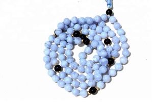 Collier Mala long en agate bleue de 8 mm à facettes, perles de qualité supérieure, avec tourmaline noire, fait à la main, bijoux en pierres précieuses unisexe pour le bouddhisme - Product Image 5