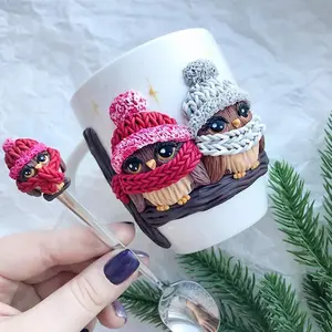 Handmade polymer clay owl ceramic coffee gift mug