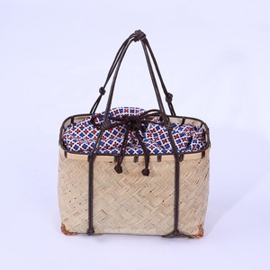 2020 Hot Trend Bamboo Handicraft Tote Bag para damas Candy Pattern Bow Decoration Cierre de doble cuerda Vintage Cotton Rattan - Product Image 2