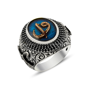 Bague pour homme en argent sterling 925K original, émail bleu Alif Waav, Islam, prophète Mahomet, style turc ottoman, bohème, musulman - Product Image 1