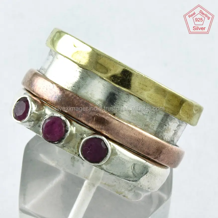 Triple Tone Ruby Agate Stone Spinner Ring, 925 Sterling Silver Spinner Ring, Spinner Ring Exporter India