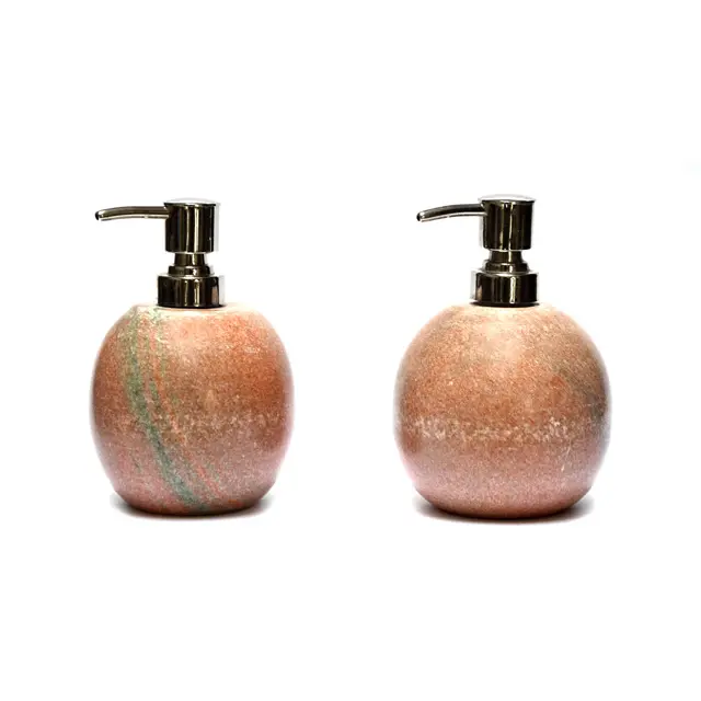 Attractive And Decorative Natural Stone Round Soap Dispenser and Lotion Dispenser Pink Marble with Stainless Steel Pump