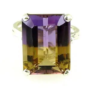Natural Top Quality Large Emerald-Cut Ametrine Ring. 925 Sterling 10.64 Carats