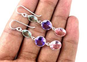 Oval & Round Shape Multi Gemstone Aqua Rose Quartz Amethyst Gemstone Handmade Beautiful Dangle Earring - Product Image 2