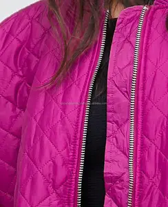2018 Winter Women Stylish Thick Overcoat High Quality Bright Pink Metallic Zip-Front Puffer Ladies