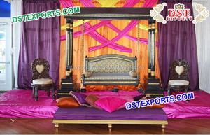 Juego de columpio de madera de teca antigua para Ceremonia de Mehndi Sankheda Jhula decorado con diseño floral - Product Image 5